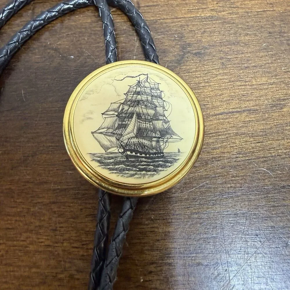 Stephen Barlow Ship Bolo Tie Nautical Scrimshaw Style Vintage Brass Gold Tone